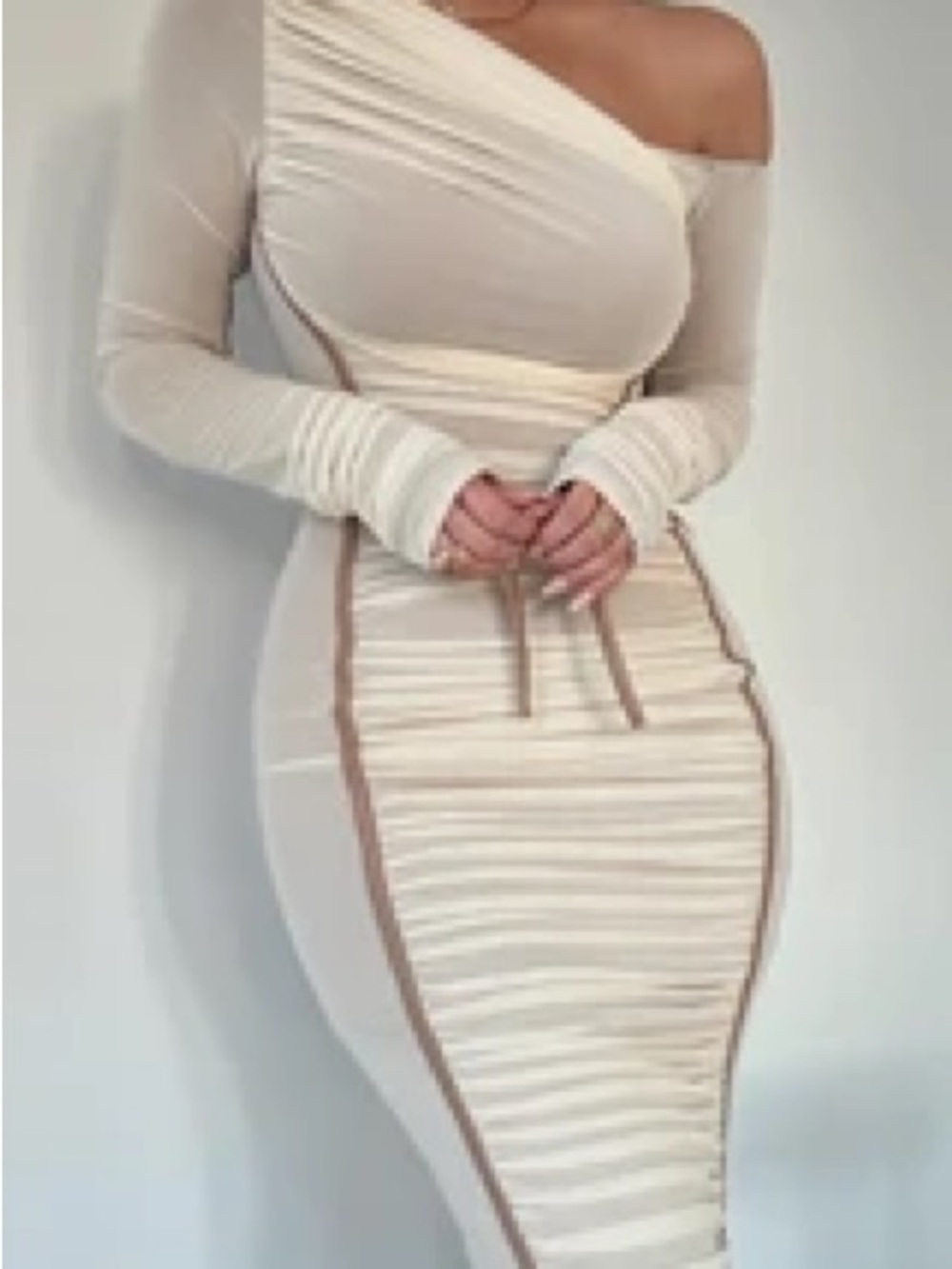 JLUXLABEL One-Shoulder Beige Bodycon Dress with Contrast Seams